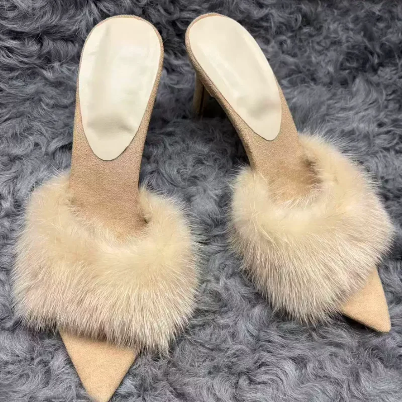Mink Fur Womens Shoes Pointed Toes Thin High Heels Sewing Lines Tacones Stitching Ladies Pumps Solid Zapatos De Mujer Shallow