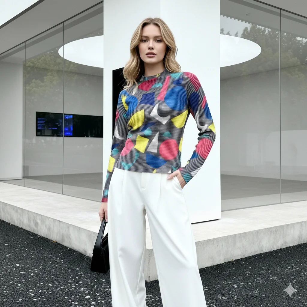 

Miyake Folds 2026, новая модная женская футболка с длинными рукавами и геометрическим принтом, тонкие свободные универсальные топы