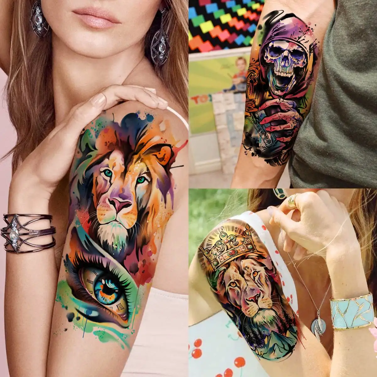 55 Sheets 3D Watercolor Temporary Tattoos For Women Adults Arm Fake Tattoos Colorful Wolf Rose Flower Tiger Lion Tatoos Body Art