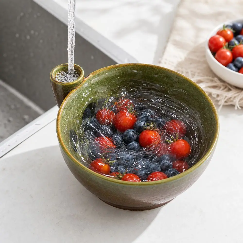 Ceramic Berry Swirl Bowl Built-In Drain Slots Water Inlet Fruit Washing Bowl Rinse Drain Spout Fruit Rinse Bowl Fruit Rinsing