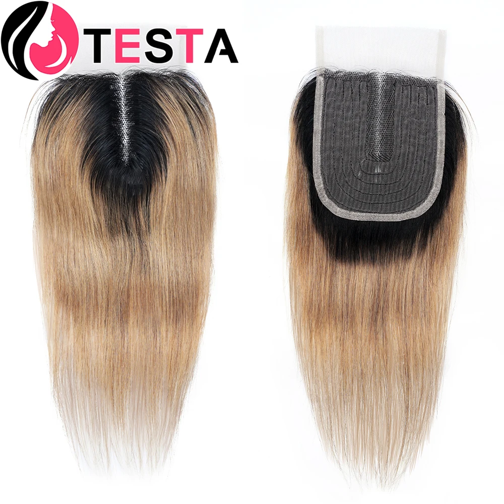 4*1 T Part Lace Closure 100% Human Hair Natural Color T1B30/27 Brazilian Straight Pure-Hand Tied Light Brown Swiss Lace Prepluck