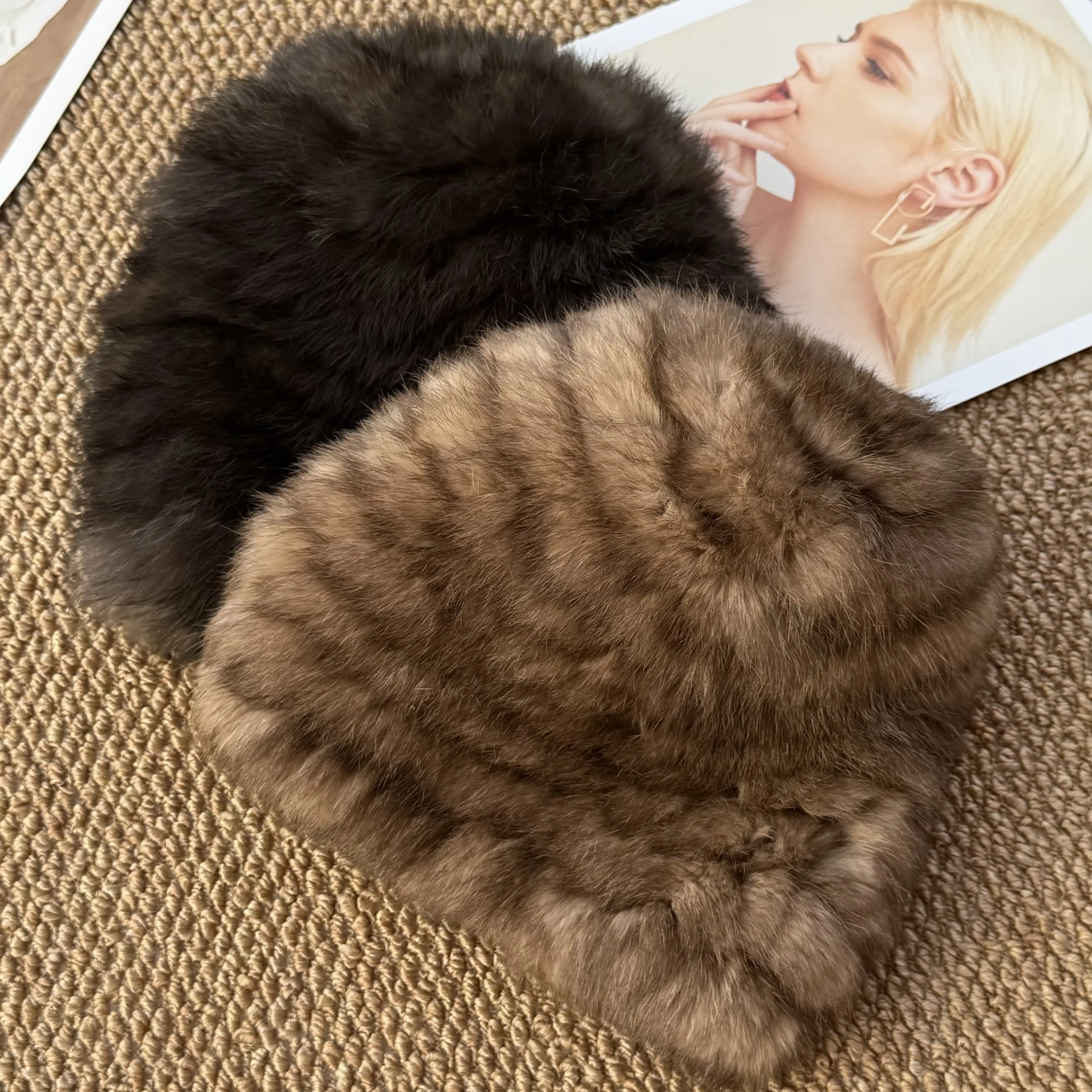 Women's Sable Color Genuine Rabbit Fur Hat Autumn Winter Thick Warm  Ear Protection Plush fluffy Cap