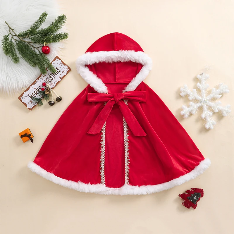 Christmas Red Velvet Cloak for Girls Contrast Color Fuzzy Trim Hooded Cape Cosplay Costume Children's Clothing