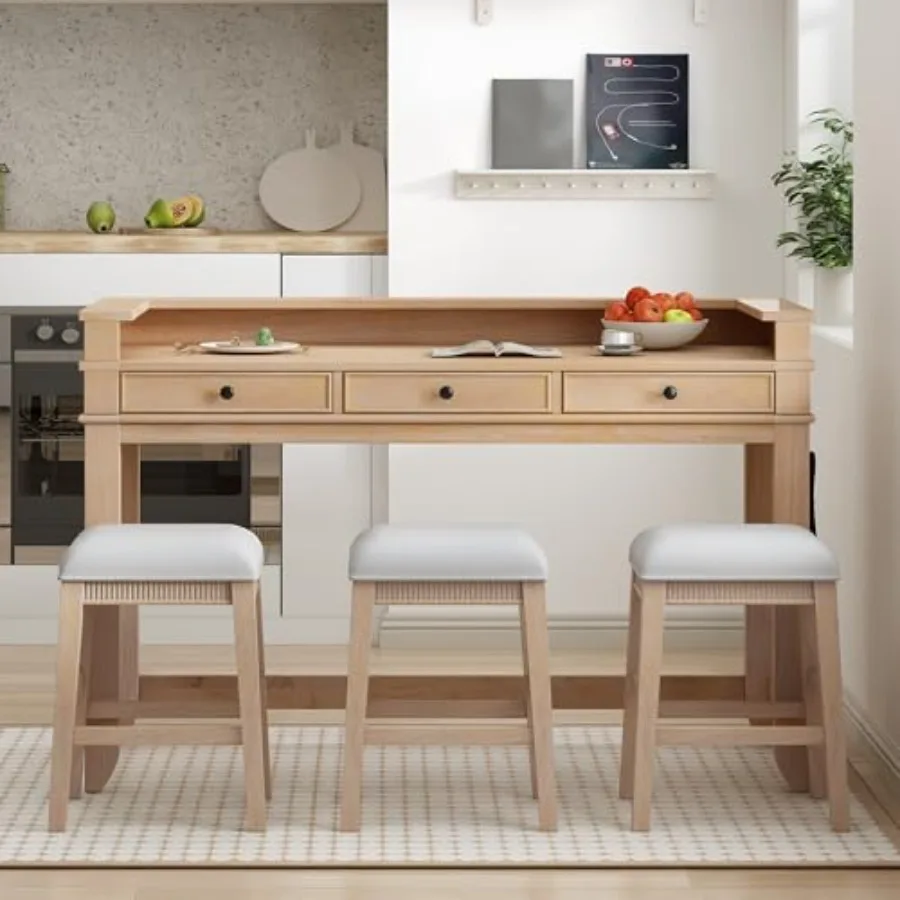 

4 Piece Bar Table Set with Power Outlet and 3 Upholstered Stools, Wood Bar Table with 3 Cushion Stool, Solid Wood Counter Heigh