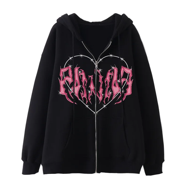 Fashion Y2K Skeleton Hoodies Women Gothic Black Zip Up Oversized Sweatshirt Ladies Retro Harajuku Hooded Jacket Streetwear Coat