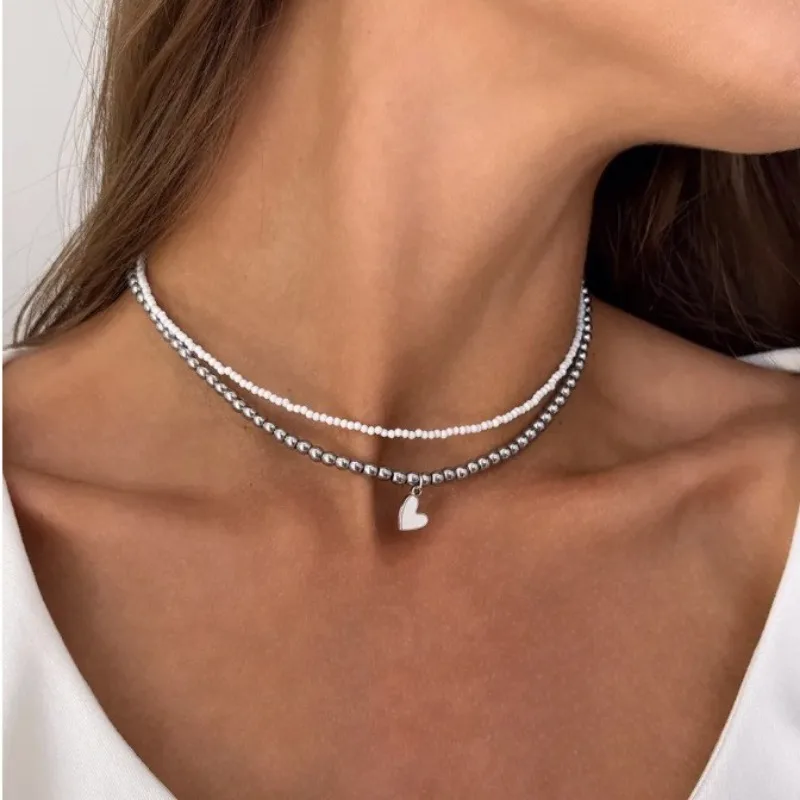 

Boho Heart-Shaped Beaded Necklace for Women Choker Y2k Bead Clavicle Chain Jewellery Glass Multilayer Multiayer Charm Gifts