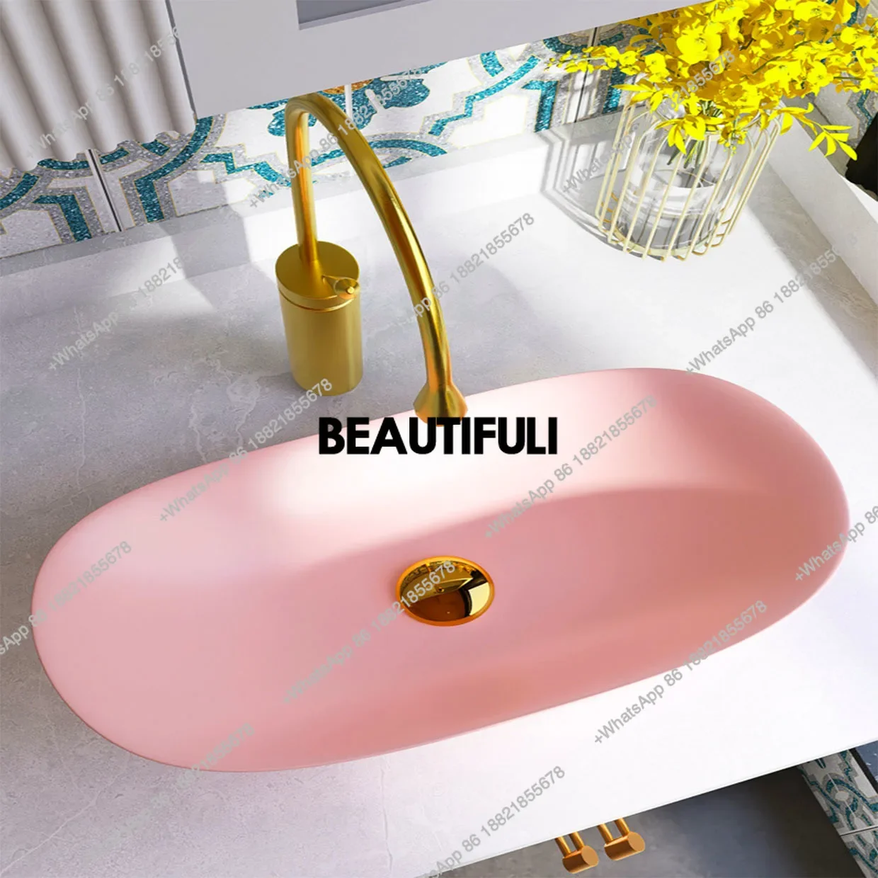 RR Countertop Basin Washbasin Home Balcony Bathroom Ceramic Washbasin Oval Pink Art Pool Wash Single Basin