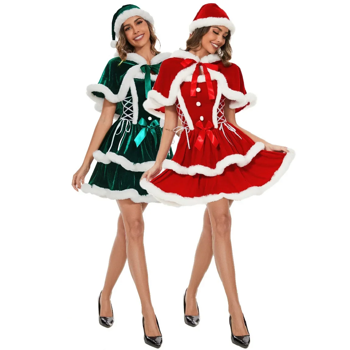 Merry Christmas Women's Shawl Dress Green Red Fancy Dress Xmas Uniform Disguise Adult Clothing Party Stage Performance Costumes