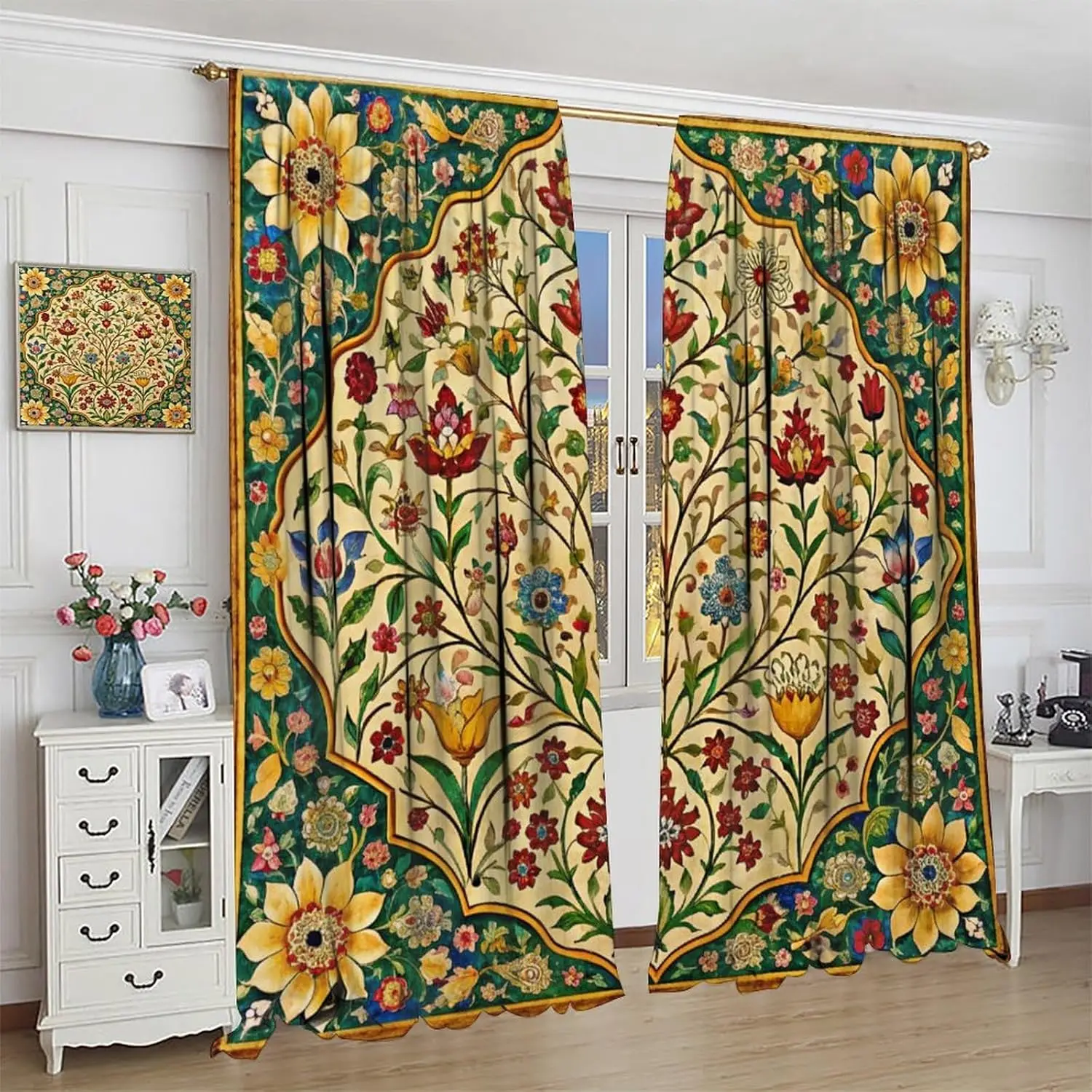 Vintage Plant Blackout Curtains,William Morris Style Rustic Farmhouse Natural Plant Floral Tree Boho Print Rod Pocket Window