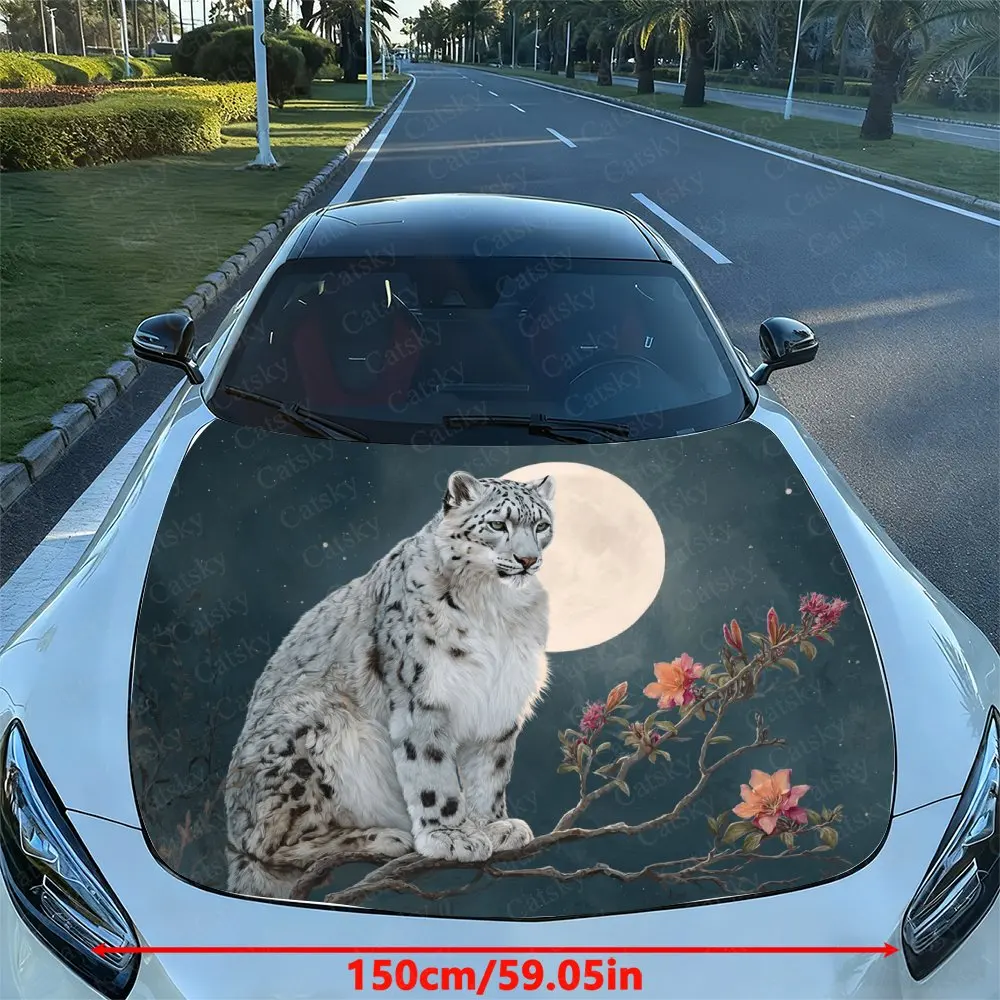 The Snow Leopard On The Branch Car Vinyl Wrap - Splash-Resistant Engine Hood Decal Sticker, Easy Removal Durable Personalized Ca