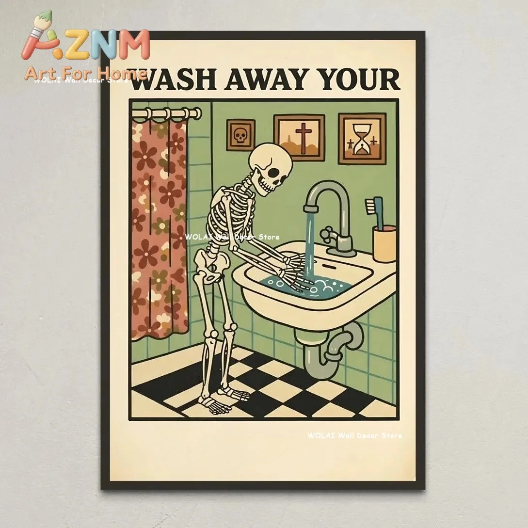 Funny Skeleton Bathroom Canvas Poster Halloween Gothic Pumpkin & Washing Your Hands Toilet Wall Art Poster for Modern Home Decor