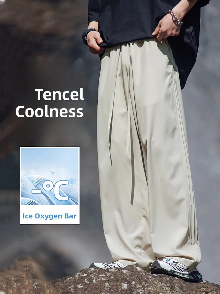 

Hong Kong Trendy Brand Lyocell Casual Pants Men Summer Thin Cool Stripe Qui Dry Sports Loose Straight Leg Trousers