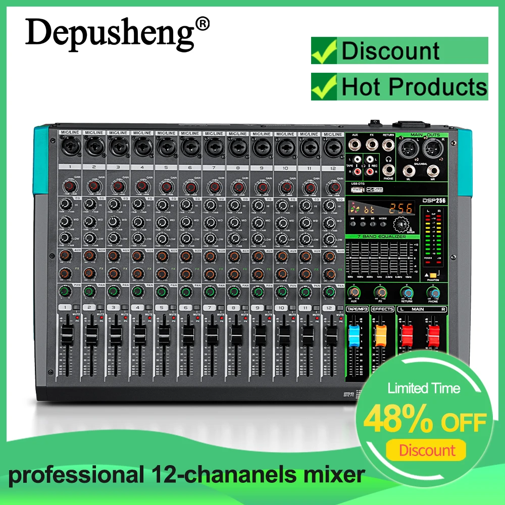 Professional Audio Mixer Depusheng MG12 12Channel Sound Board Console DJ Mixing Desk System Interface Built-in 256 Reverb Effect