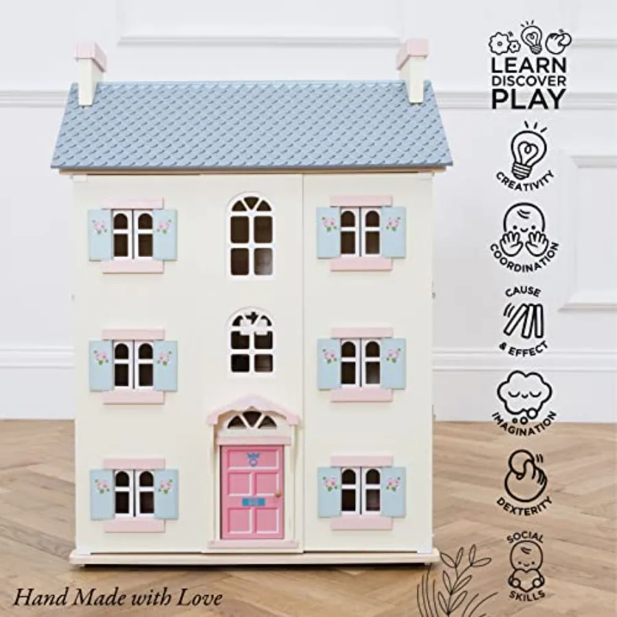 Precioso salón de cerezo grande, casa de muñecas de madera de 4 pisos, juego para niñas o niños |   Gran como regalo |   Adecuado para mayores de 3 años