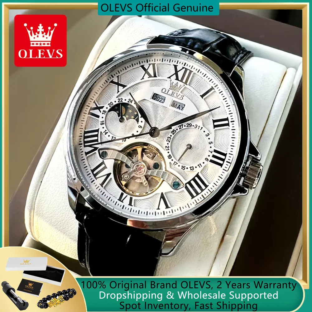 OLEVS 7013 Hollow Out Automatic Men's Watches Roman Numeral Scale Mechanical Wristwatch for Men Moon Phase Waterproof Man Watch