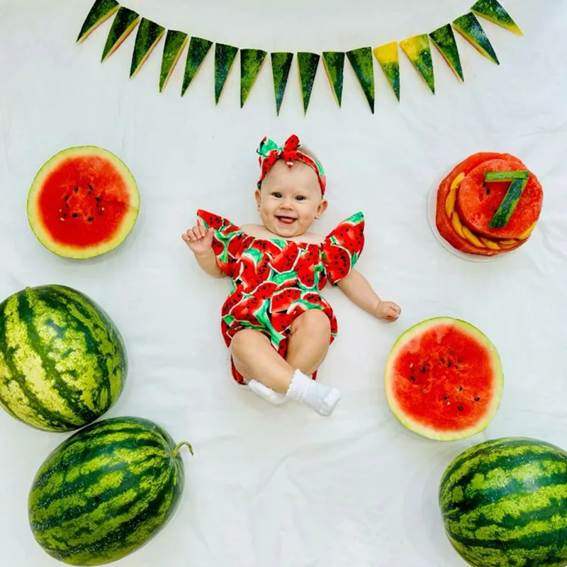 Baby Mädchen Rosa Wassermelonen-Print Strampler Säugling Rüschen-Body mit Stirnband Neugeborenen Rotes Wassermelonen-Karnevalskostüm – Detail 14