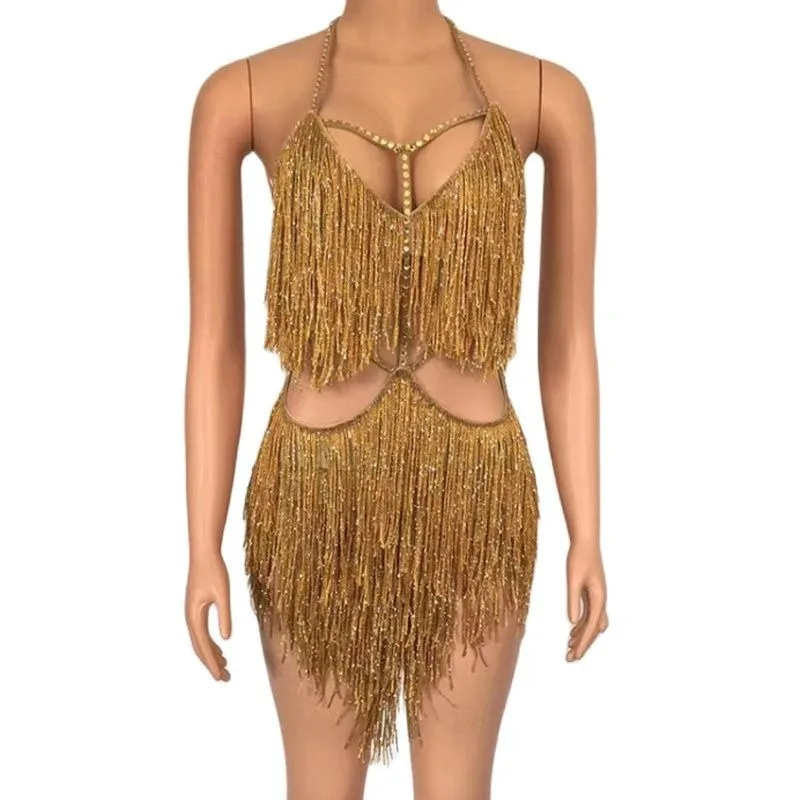 

Latin Dance Gold Fringes Costume Outfit Tassel Dress Evening Birthday Party Dance wear Nightclub Singer Performance Clothing