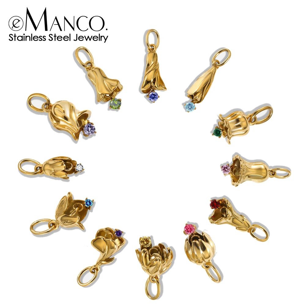 EMANCO Stainless Steel Flower Bud Charms with Multi-Color Cubic Zirconia Natural Romantic Style Custom Necklaces Jewelry Making