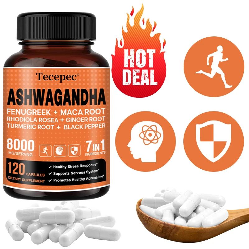 7-in-1 Ashwagandha 8000Mg - Turmeric, Rhodiola, Ginger & Black Pepper - Mood, Strength, Mind & Energy Support Supplement