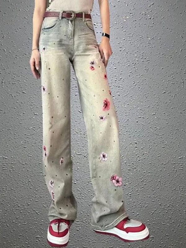 

Heavy Embroidery Diamond Vintage Denim High Waist Loose Slimming Floor-Length Wide Leg Pants Summer European Sle Women's Jeans