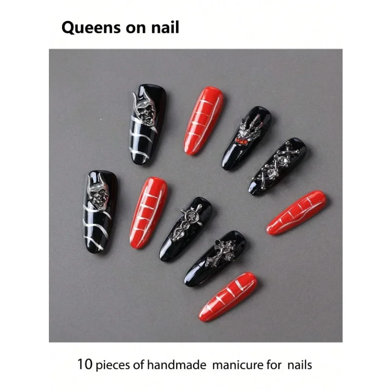 

10 Pieces Handmade press on Nails Ballet Style Fake Nails/Sfumato/Metal Moon/Metal Devil Mask/Red Oversized Glitter Diamond