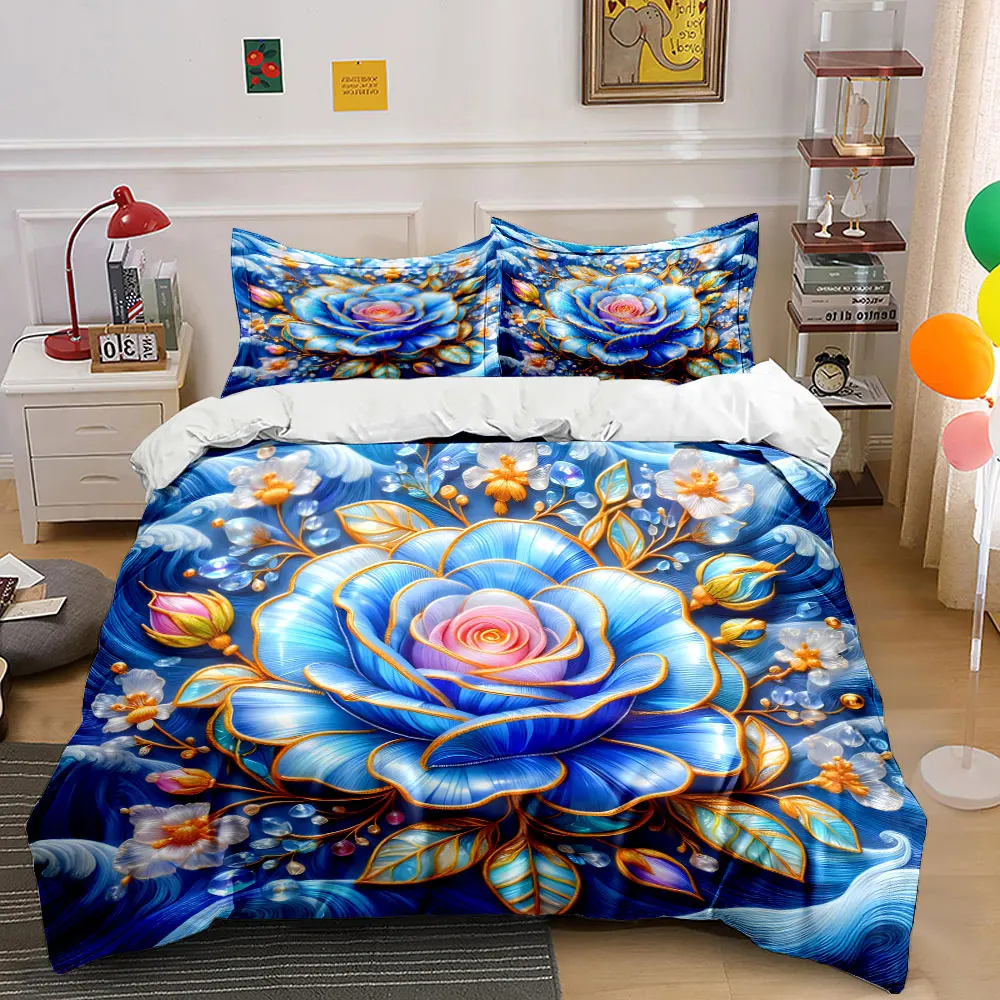 Blue rose with wave decor Bedding Set for Kids Luxury Gift 3pcs Digital Print Comforter Set Soft Comfortable Breathable