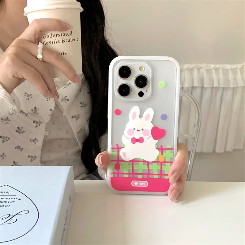 Étui de téléphone Kawaii Love Rabbit pour femme, couverture mignonne, graffiti, plaid, emballage complet, coréen, amusant, iPhone 15 Pro, 11, 12, 13, 14 Pro Max