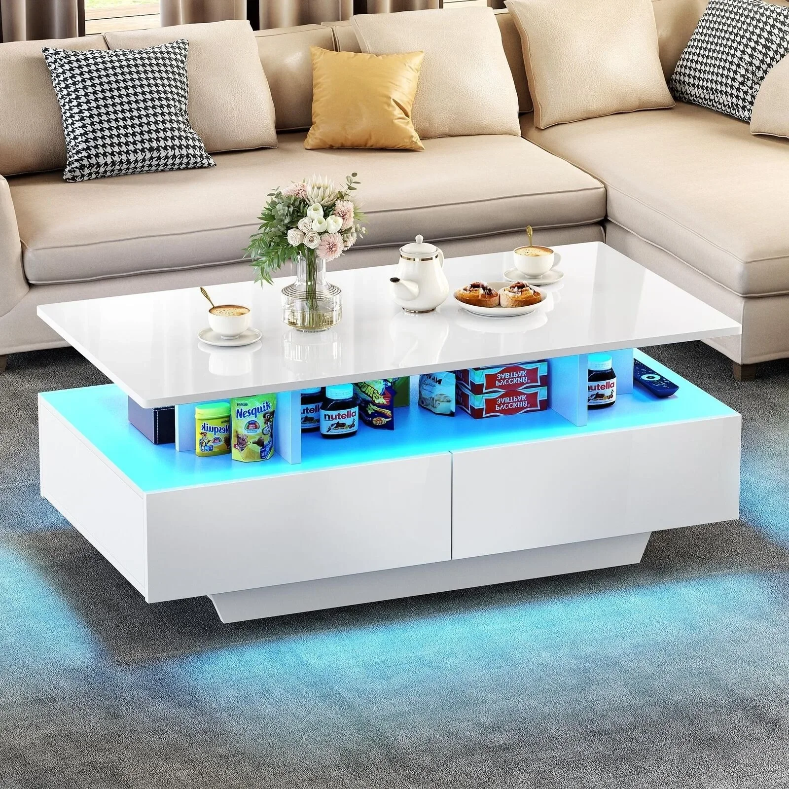 

US High Gloss Coffee Table Center Cocktail Table with LED Lights & Sliding Drawers