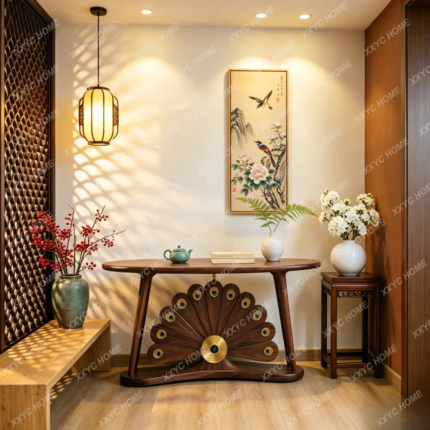 XXNew Chinese Ebony Wood Xuan Guan Platform Multifunctional Art Decoration  Vertical Peacock Open Screen Decoration Table
