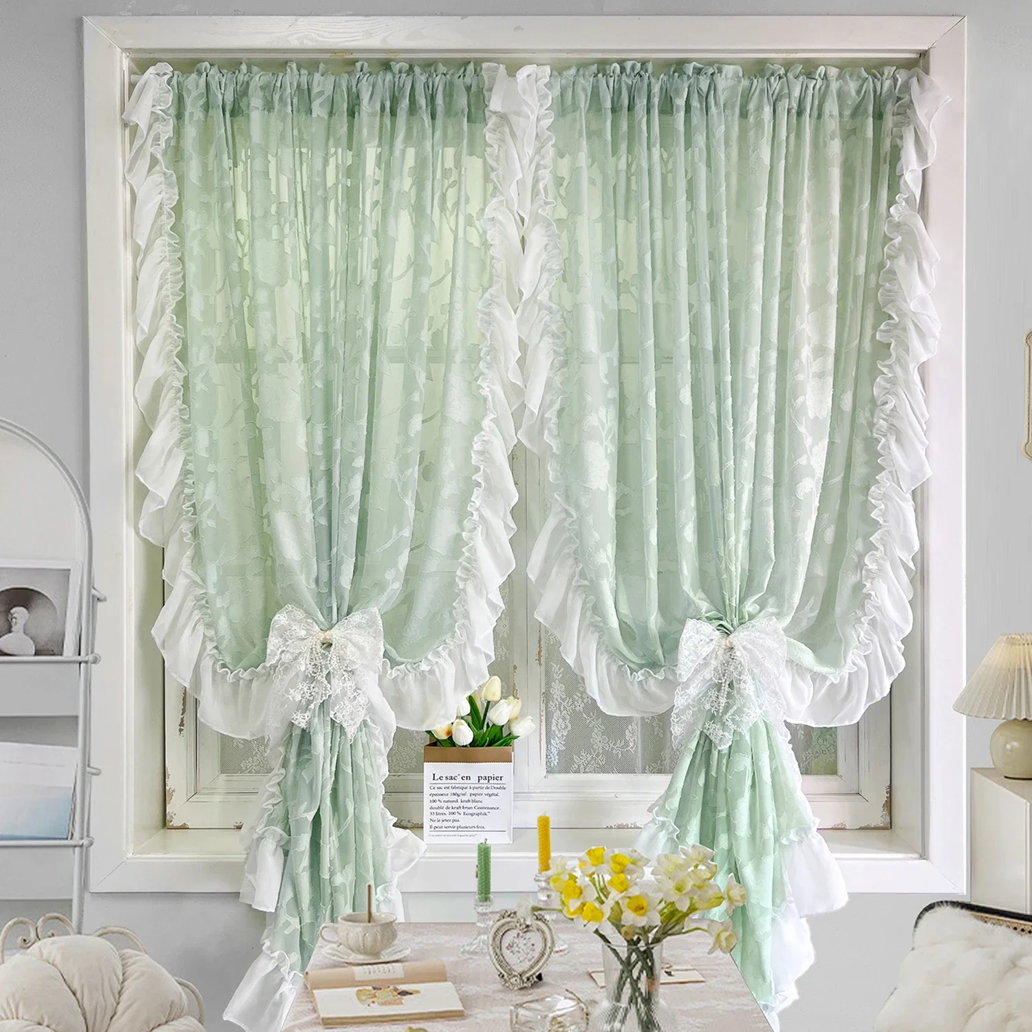 

1PC Modern Mint Green 3D pattern Chiffon Ruffle Interior Tulle Short Curtain Sheer For Kitchen Bedroom Window Home Decor Drapes