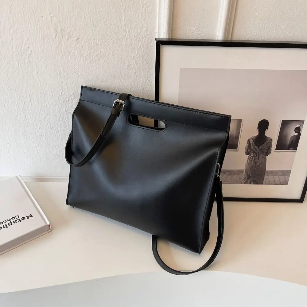 Simple PU Office Document Tote Bag Solid Color Shoulder Bag Computer Bag Handbag Large Capacity File Bag Office Worker