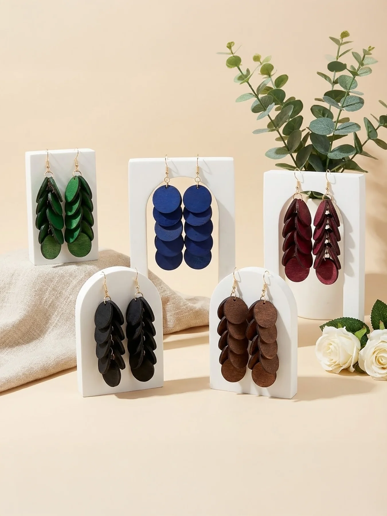 5 Paar/Set, modisches Damen-Ohrhänger-Set, mehrschichtige, mehrfarbige, gestapelte, runde Holzohrringe im Bohemian-Ethno-Stil, geeignet für jeden Anlass, wie Urlaub, Alltag, Partys usw., einfacher