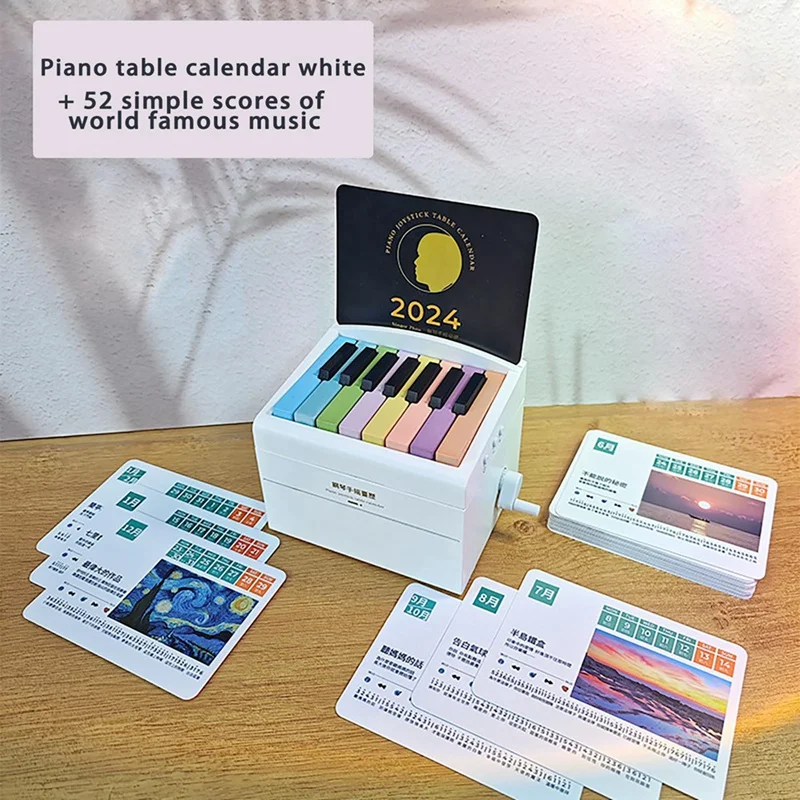 Calendrier de bureau de piano jouable pour 2024, calendrier de minuterie pour 2024, calendrier de bloc-notes 3D, blanc