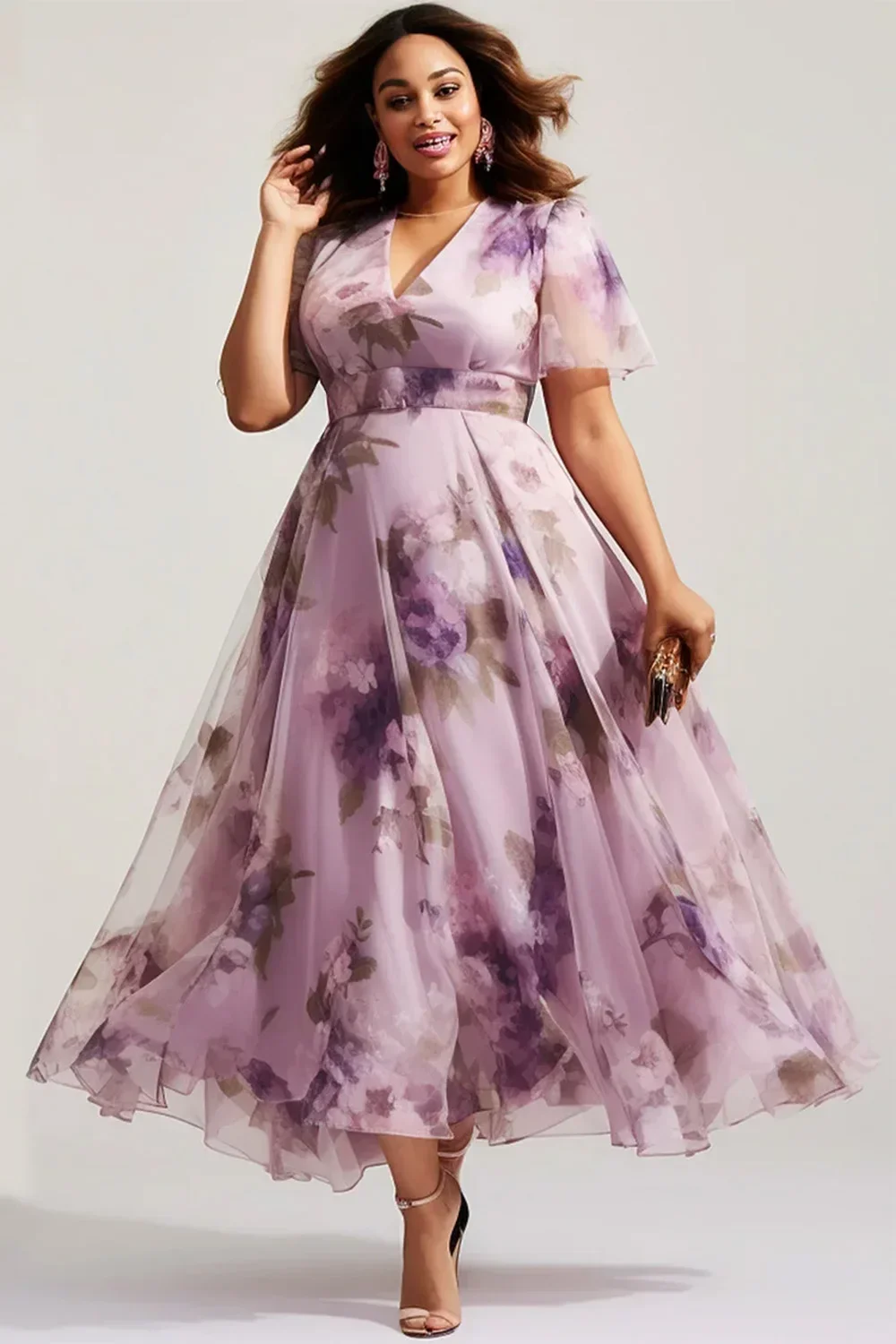 

Maxi Dress for Women Plus Size Wedding Purple Floral Print Empire Waist Tunic Short Sleeve V-Neck Elegant Casual Long Dress