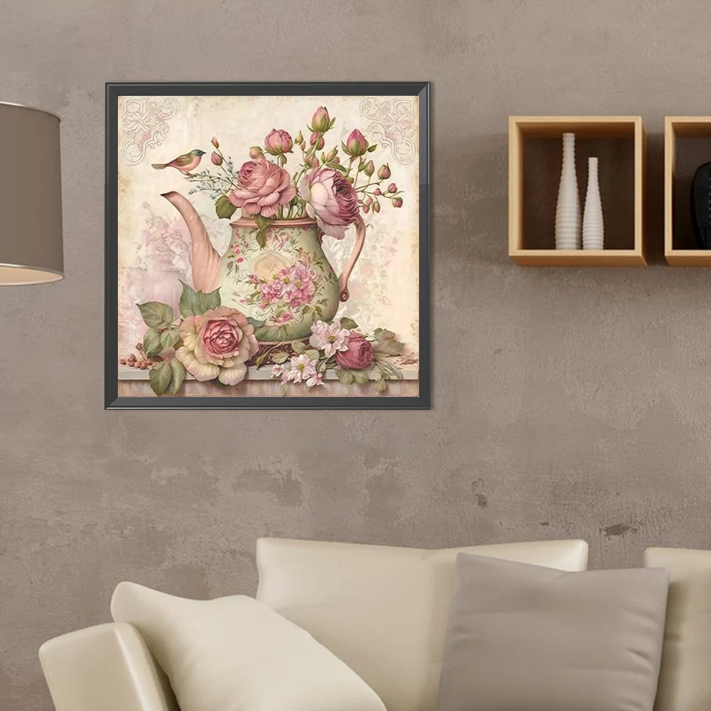 5D DIY كامل جولة الحفر الماس اللوحة الوردي زهرة إبريق الشاي عدة ديكور 40x40cm