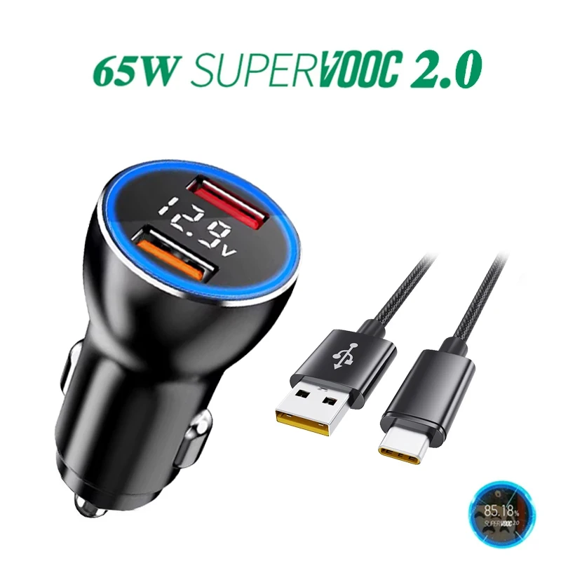 New 65W SUPERVOOC 2.0 SuperDart +22.5W Car Fast Charger 6.5A Type-C Cable For OPPO Find X3 Pro Reno 6 Realme GT Neo X50 Pro 8Pro