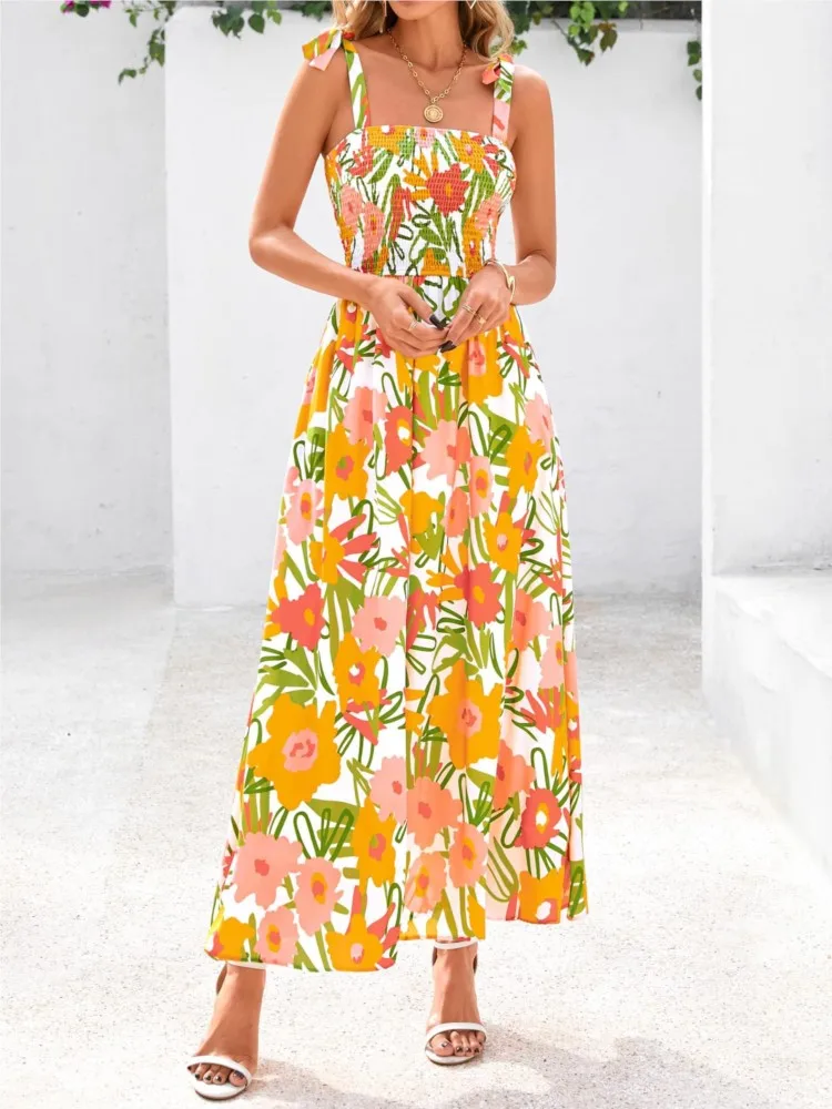 

2025 Spring And Summer Dress High Waist Pleated Flowy Lace-up Waist Suspender Skirt Holiday Beach Long Skirt Women's Clothing