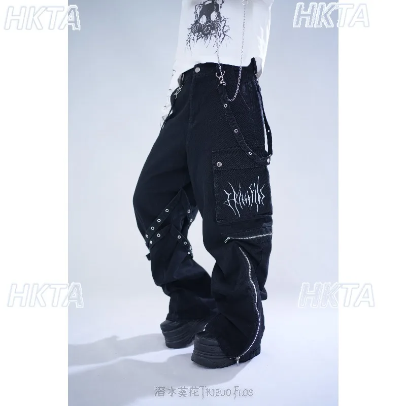 Original Washed Black Denim Jeans Y2k Gothic Punk Embroidered Loose Fit Pants Spring Subculture Japanese Streetwear Casual Pants