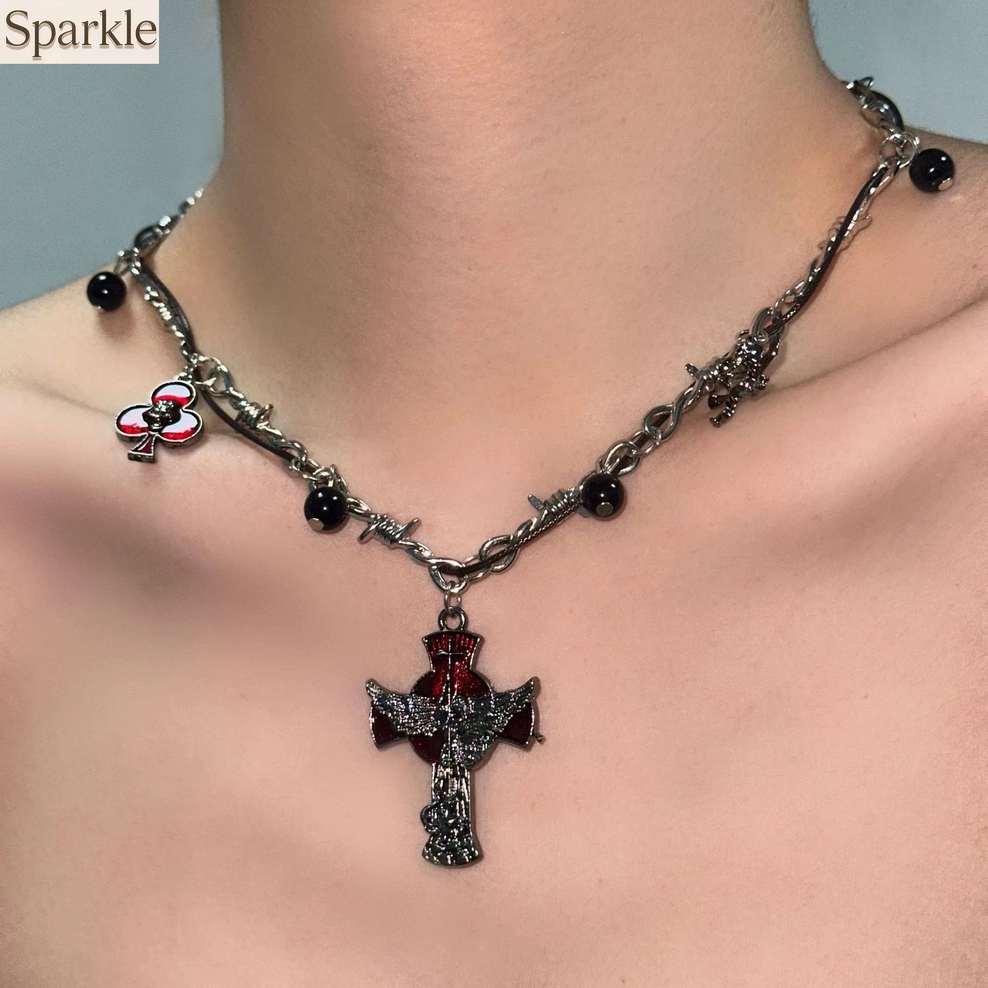 

Punk Demon Angel Black Cross Vine Thorns Necklace For Men Women Street Rock Hip-hop Y2K Cool Jewelry Gifts multi-strand
