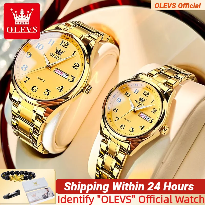 OLEVS زوجين ساعة مجموعة أنيقة الفولاذ المقاوم للصدأ ساعة مضيئة مقاوم للماء الأسبوع تاريخ ساعة اليد عشاق له أو لها ساعة مجموعة هدية