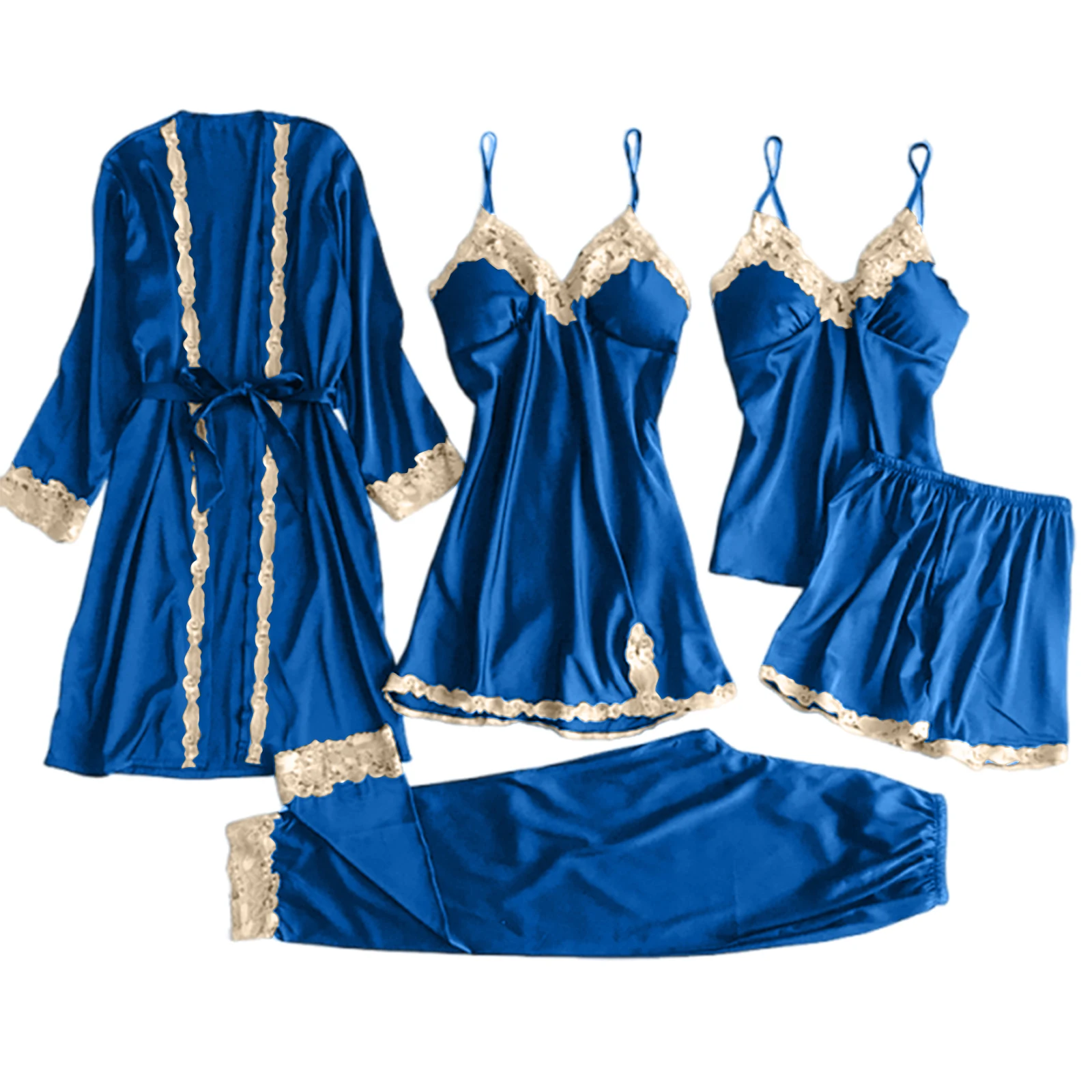 

Sexy Ice Silk Long Sleeve Thin Home Clothes Set for Women V-Neck Sleepwear plus Size Bath Robe Spring Autumn Wear 5 Piece Set