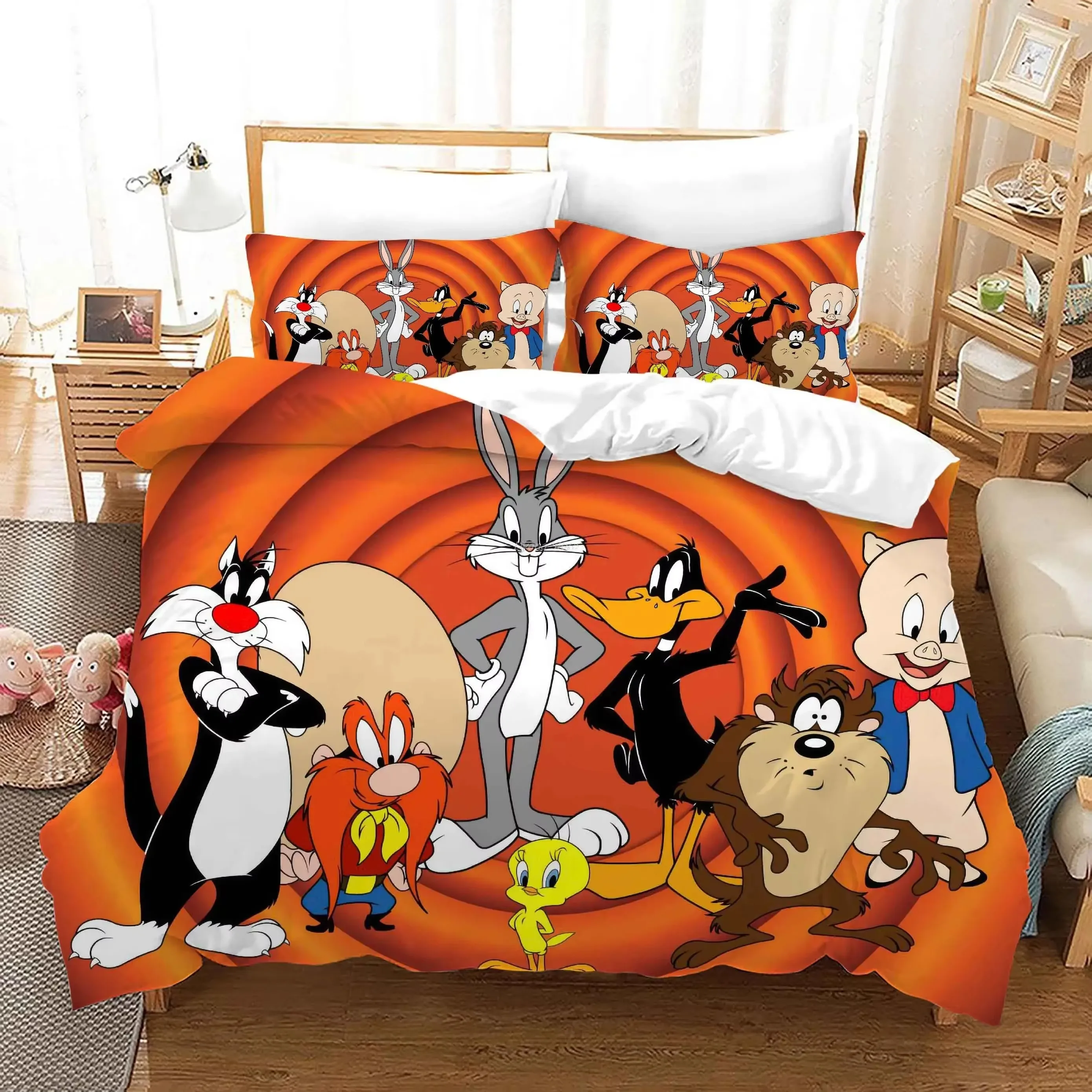 3D Cartoon Bugs Bunny Daffy Duck Duvet Cover Set For Kids 150 Bed Set Porky Pig Bedding Set King Size 3D Quilt Cover Bed Linen