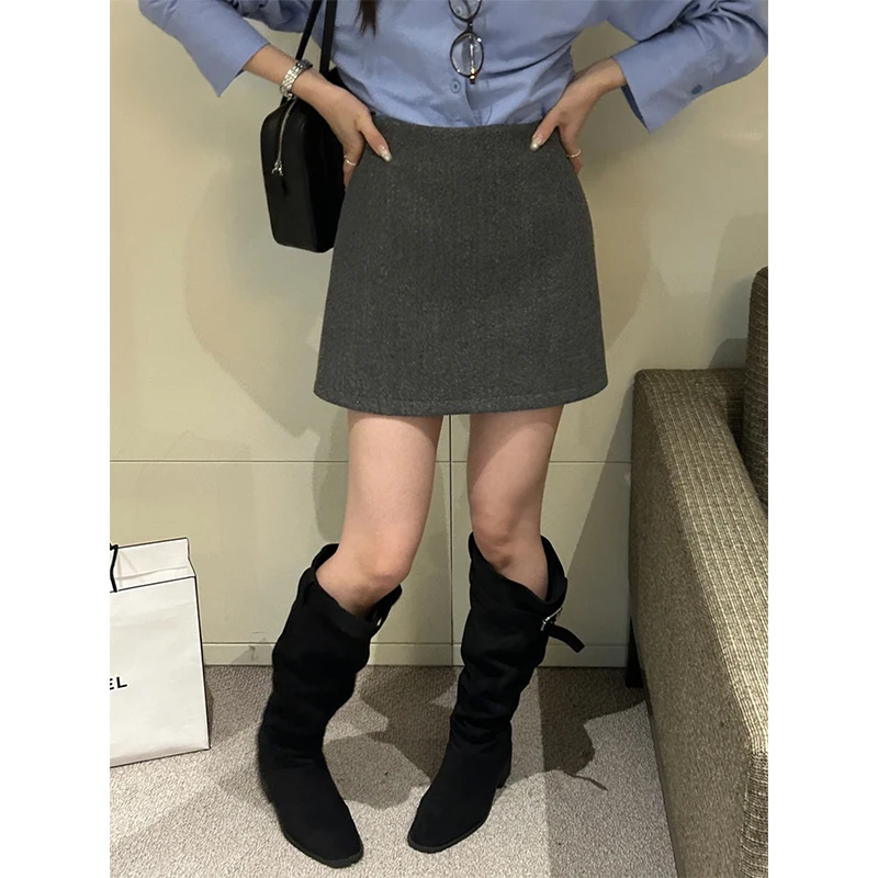 

Hellokay Korean Sle High Waist A-Line Skirt ey Woolen Women's Autumn Winter Faion plus Size ort Skirts