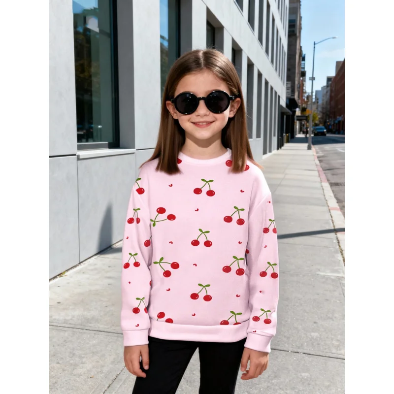 

2026 Girls' Pink Cherry Print Crew Neck Long-sleeved Sweatshirt, Children's Casual Versatile Simple Top