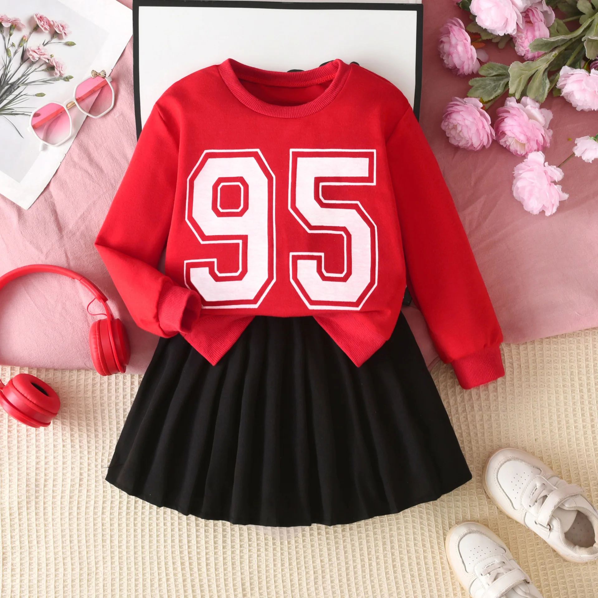 

2026 spring autumn Girls set Clothes teenager number 92 hooded sweatshirts t-shirt + pleated skirt 2 3 4 5 6 7 8 year tracksuit