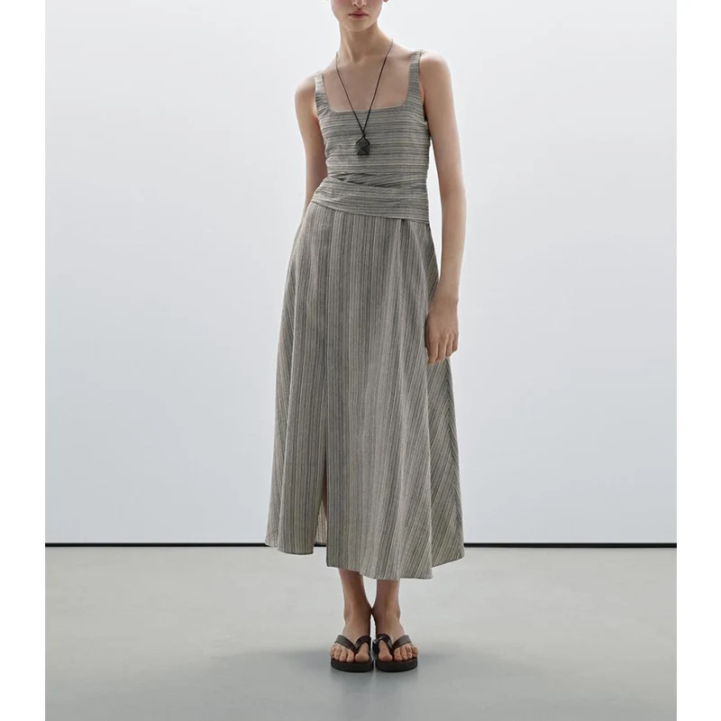 Estate New Chic Casual Sle Vest Dr Colletto quadrato Lunghezza midi Strisce sottili Donna Faion Vita alta Gonna a trapezio Dr