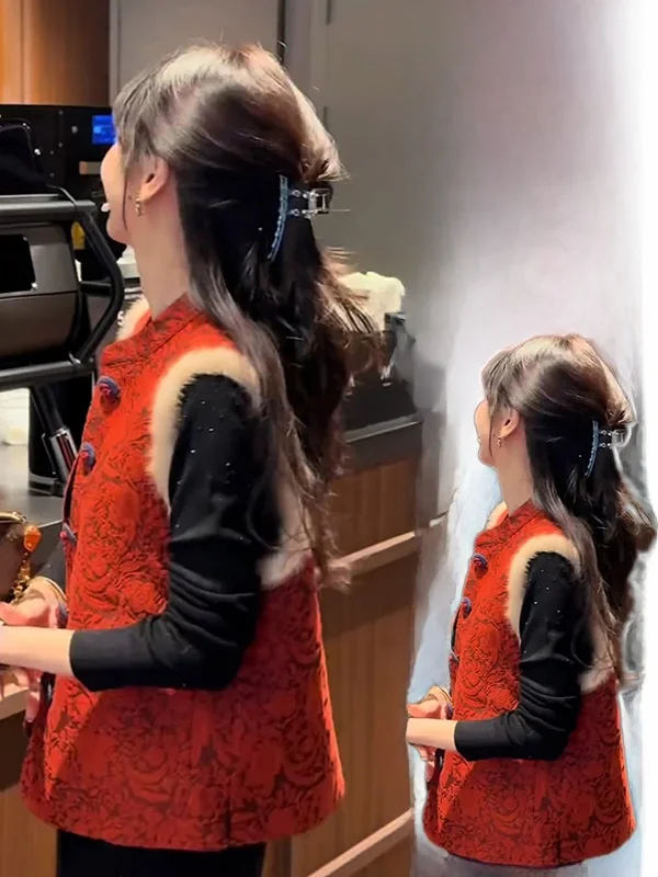 

Red Chinese Sle Women's Svel Vest Coat Large Size Spring Autumn Versatile Slimming Bicolor Stand Collar Casual Wear