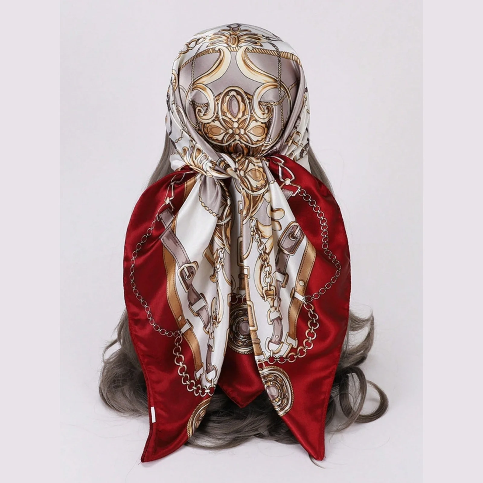 وشاح حريري وردي، غلاف للشعر بنمط سلسلة عتيقة، وشاح رأس أنيق من الساتان، وشاح شعر مربع كبير للنساء، شعر أنيق #3