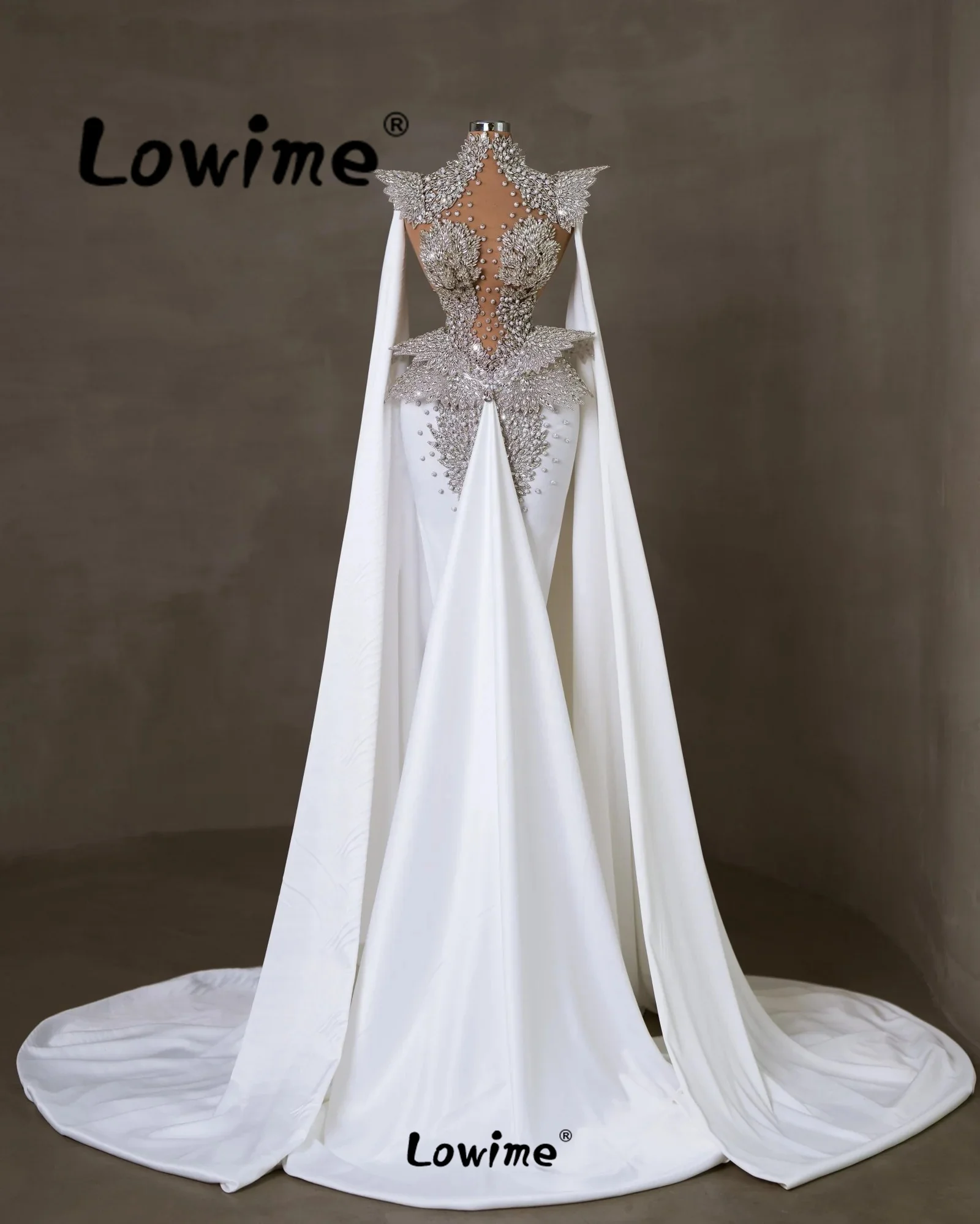 Robe De Soiree Luxury Prom Dresses 2024 Heavy Crystal White Evening Gowns Arabic Aso Ebi Mermaid Wedding Party Dress Cape Sleeve