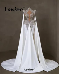 Robe De Soiree Luxury Prom Dresses 2024 Heavy Crystal White Evening Gowns Arabic Aso Ebi Mermaid Wedding Party Dress Cape Sleeve